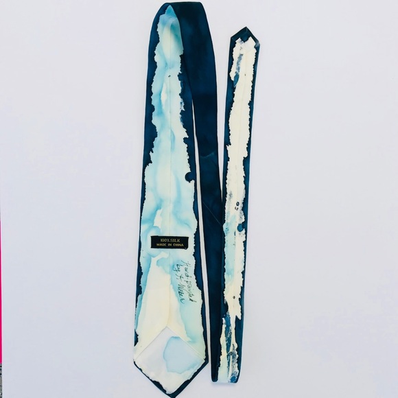Vintage 60’s Hand Painted Signed Designer Silk Necktie Blue Silver Salmon EUC - Picture 2 of 11